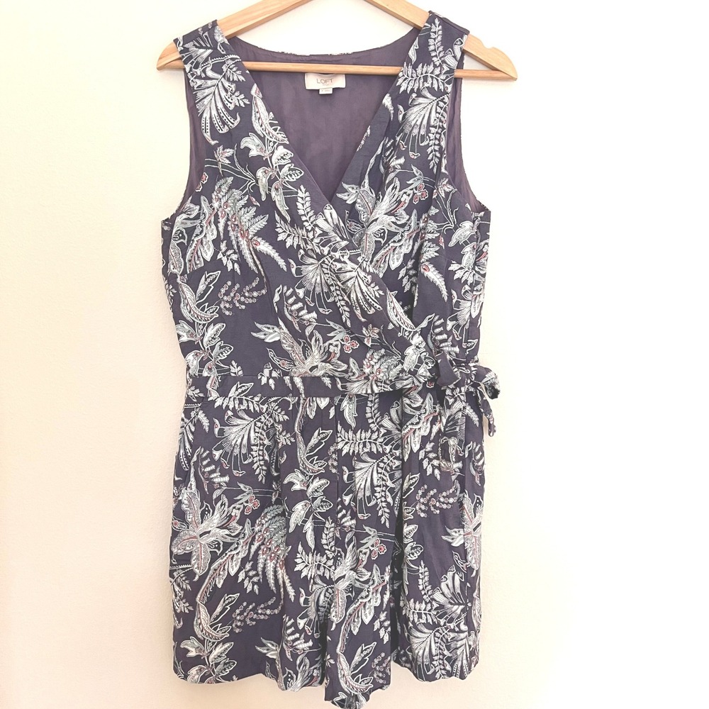 Loft Womens Purple Botanical Paisley Print Faux Wrap Romper Side Tie Pocket 8